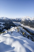 Snow-covered summit of the Jenner with viewing platform in autumn, view of the sea of clouds and