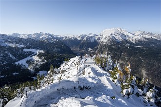 Hiking trail on the snow-covered summit of the Jenner with viewing platform in autumn, view of