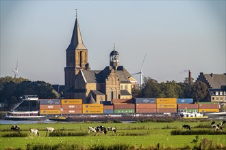 Skyline of Emmerich, on the Lower Rhine, St Martini Church, pastures on the left bank of the Rhine,