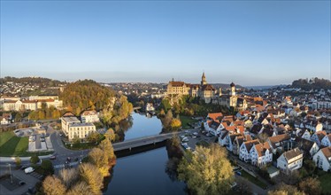 Aerial view, panorama of the town of Sigmaringen with the Hohenzollern castle, a sight and tourist