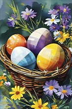 Illustration of of vibrant colored Easter eggs in a wicker basket, surrounded by delicate spring