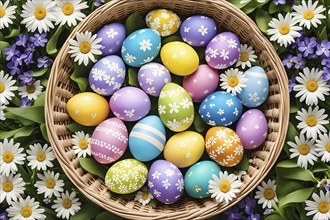 Illustration of of vibrant colored Easter eggs in a wicker basket, surrounded by delicate spring