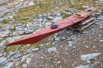 Traditional kayak, manoeuvrable boat for hunting, Inuit settlement Ittoqqortoormiit, Scoresbysund