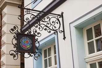 Sign for the Nocke studio and gallery on a façade in Warendorf, Warendorf district, North