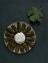 Dolma, cabbage rolls in grape leaves, Traditional Armenian dish, with white sauce, top view,