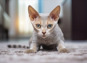 Devon Rex short hair cat breed known for its tall ears and sphynx look, AI generated