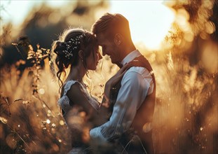 Affectionate romantic couple hugging at sunset during honeymoon in wedding dress, AI generated