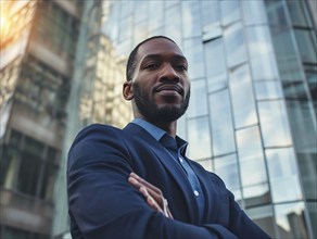 Confident successful black business manager man executive in front of corporate office, AI