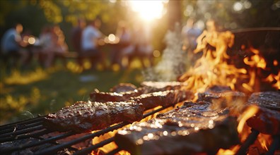 Barbecue BBQ family picnic party on the beach with skewers of meat and meat steaks over charcoal,