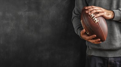 American football sport banner with copyspace. Athlete holding ball in his hands, AI generated