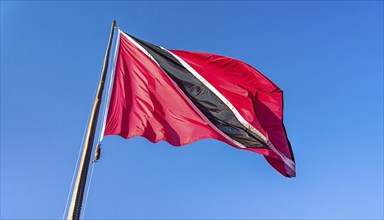 The flag of Tobago, Caribbean, flutters in the wind, isolated against a blue sky