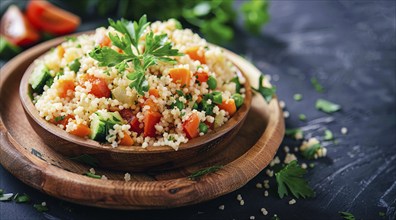 A bowl of couscous with a variety of vegetables and grains, AI generated