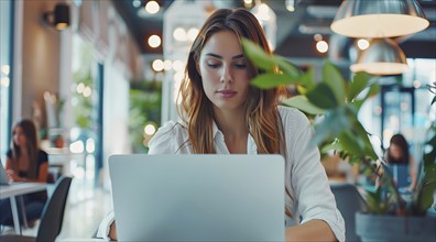 A business woman is sitting at a table with a laptop in front of her working remotely with the team