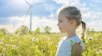 A girl stands in a field of flowers next to a wind farm that produces green sustainable energy, AI