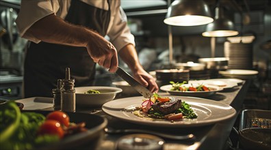 Chef in modern kitchen preparing gourmet meal in upscale restaurant of world cuisine, AI generated