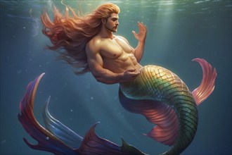 A man in a mermaid costume is swimming in the ocean. The mermaid is colorful and has a long tail,