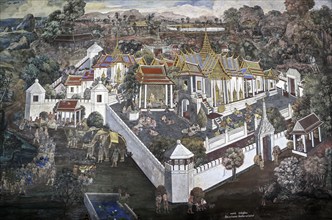 Mural painting in Wat Phra Kaew, Temple of the Emerald Buddha, Bangkok, Thailand, Asia