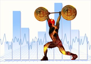 Symbolic image, Bitcoin with electrified weightlifter, vision of the future, stock market prices,