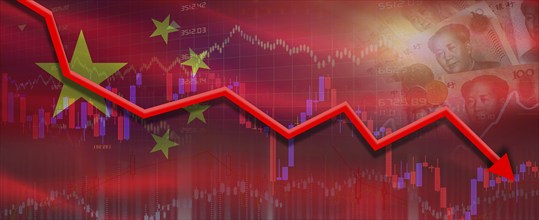 China financial crisis on economic graph. Financial fall of China on economy market