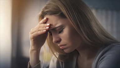 Depressed young woman closeup portrait keeps hand to forehead feeling stress. Anxious female