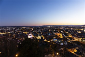 Evening mood, view from the Schlossberg to the clock tower and the historic city centre, Graz,