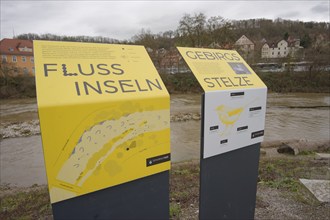 Information board on watercourse restoration in Schwäbisch Hall, Kocher valley, Kocher, Hohenlohe,