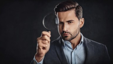 Businessman looking through a magnifying glass with a pensive emotion against a dark background.