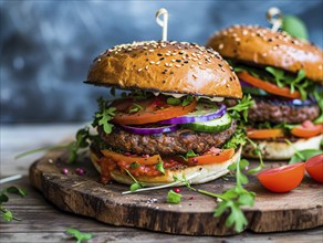 Fresh tasty organic healthy plant-based beef patties with onion, cheese and vegetables, AI