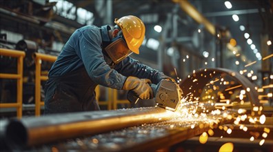 Worker in industrial factory working on steel production manufacturing line with welding equipment,