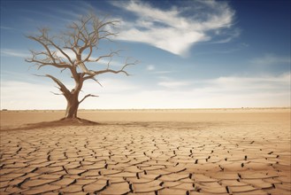 Drought climate change ecology solitude concept, dry dead tree in desert with a dry, cracked ground