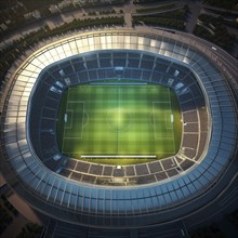 Aerial bird eye top view of a soccer football field stadium in night, AI generated