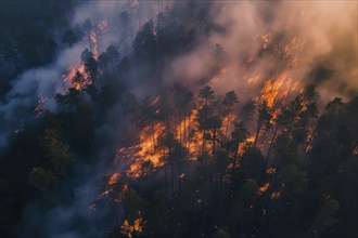 Aerial view of a forest fire is raging through a forest, with smoke and flames visible in the air.