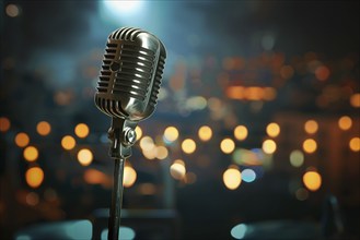 Microphone on a microphone stand with a blurry coloful background, AI generated