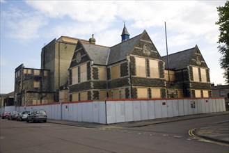 Boarded up Mechanics Institute. The Railway Village built by GWR to house workers in the 1840s,