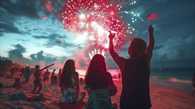 Friends and family enjoying the summer holiday fireworks on the beach. generative AI, AI generated