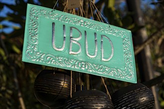 Sign with the inscription Ubud, travel, place, name, tourism, destination, culture, Asian, holiday,