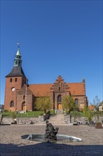 In front of Frue Kirke, Church of Our Lady on the market square, brick building, stepped gable,