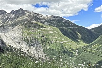 Photo with reduced dynamic saturation HDR on Furka pass road mountain road alpine pass Furka pass,