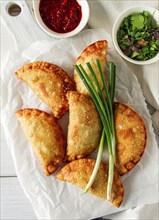 Fried chebureks, close-up, on a light background, no people