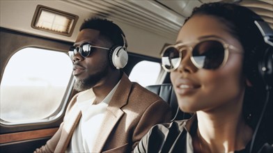 Young successful adult african american couple in their private executive luxury jet, generatvie