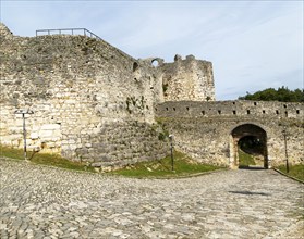 Defensive walls ramparts at entrance to Berat Castle UNESCO World Heritage Site, Berat, Albania,