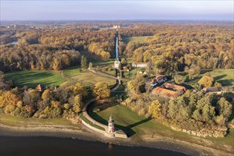 Aerial view of lighthouse and castle Fasanenschloss, view to castle Moritzburg in the back, autumn