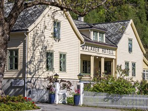 Decorated entrance of the traditional Walaker hotel, village Solvorn at the Sognefjord, Norway,