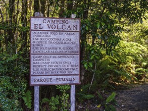 Signpost of campsite El Volcan, Park Pumalin, parque Pumalin, Carretera Austral, Chile, South