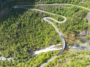 Aerial view of waterfall Skjervsfossen, near Granvin, Hardanger, Norway, Europe