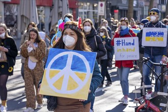 Peace demonstration against the war in Ukraine, instead of the Rose Monday parade in Cologne, with