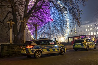 Police patrol in the pre-Christmas period, Christmas market in the city centre of Essen, police car