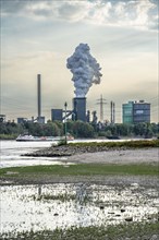 HKM Huckingen steelworks, coking plant, cargo ship on the Rhine, at extremely low water, Duisburg,