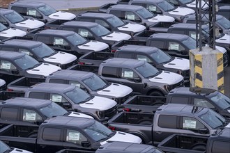 Ford FX4 pickup trucks on stockpile, in the overseas harbour of Bremerhaven, after import from the