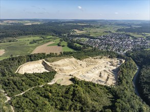 Aerial view of a limestone quarry and gravel works, extraction of Jurassic limestone from the Upper